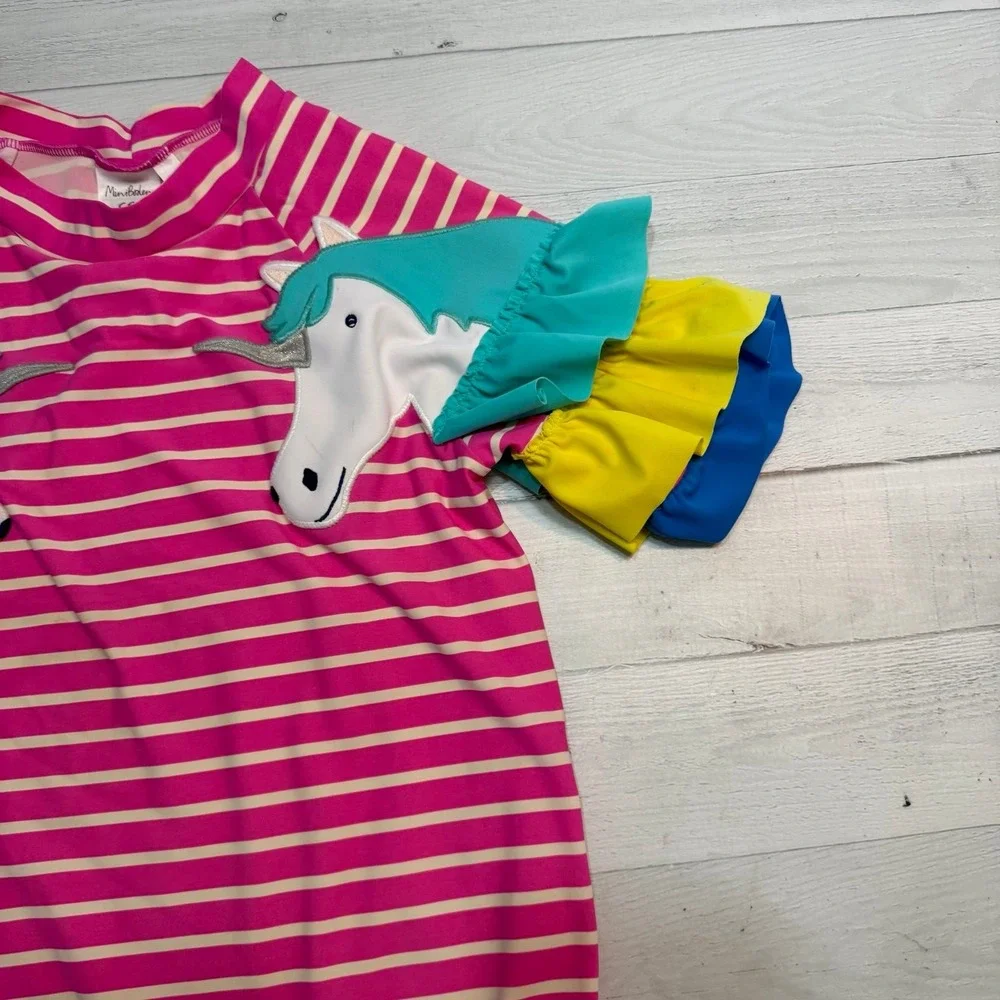 Mini Boden girls pink striped unicorn‎ short sleeve rashguard 11/12
